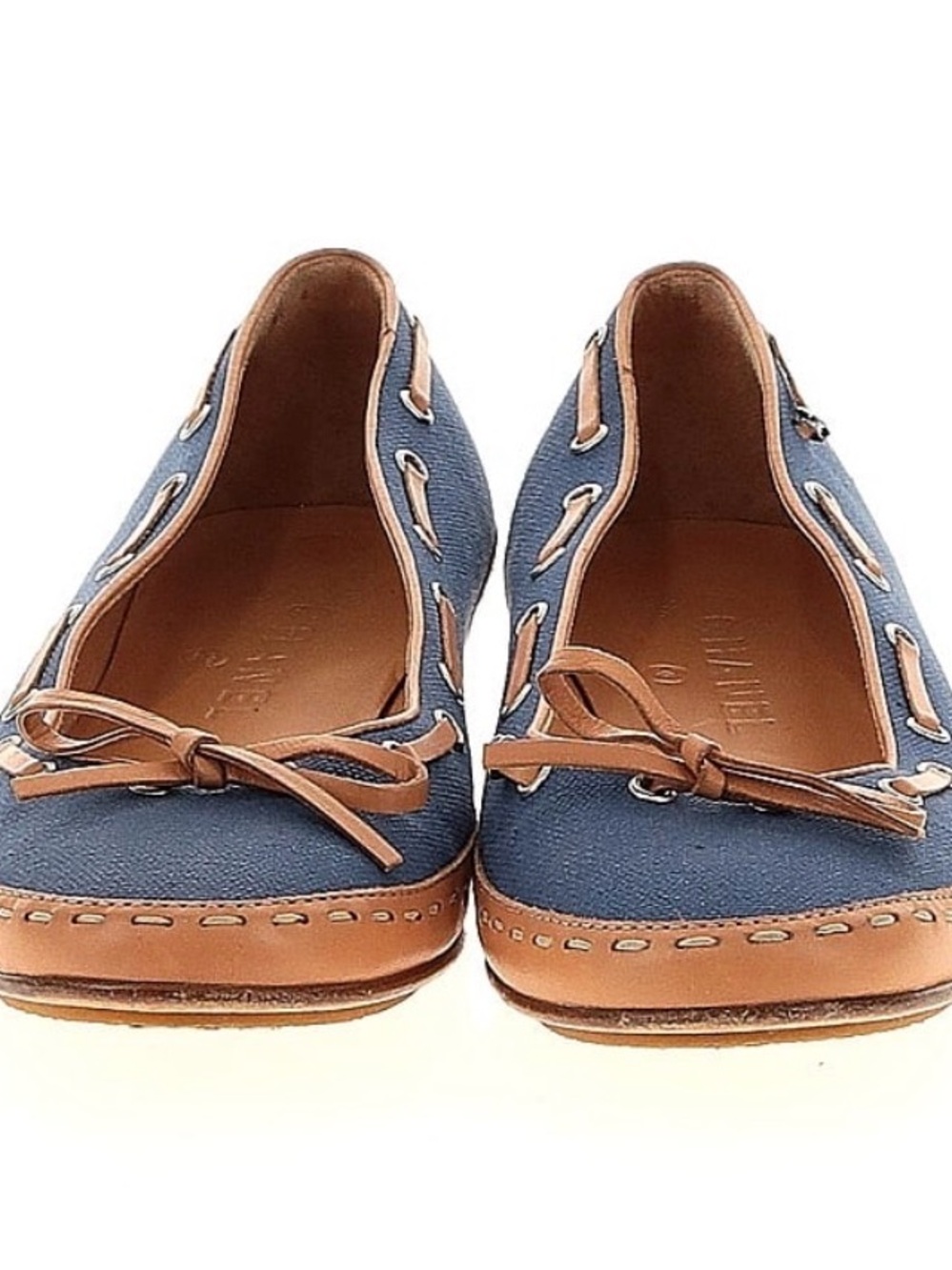 CHANEL Blue Canvas and Tan Leather Trim Ballet Flats